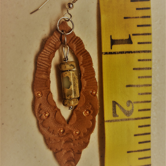 Genuine Handtooled Leather Earrings with Gemstones - Picture 4 of 4